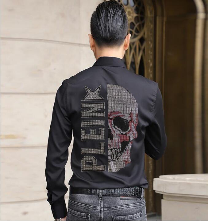 

Men's Casual Shirts Men Shirt Long Sleeve Rhinestone Color Clothing Summer Streetwear Fashion Tops, White;black