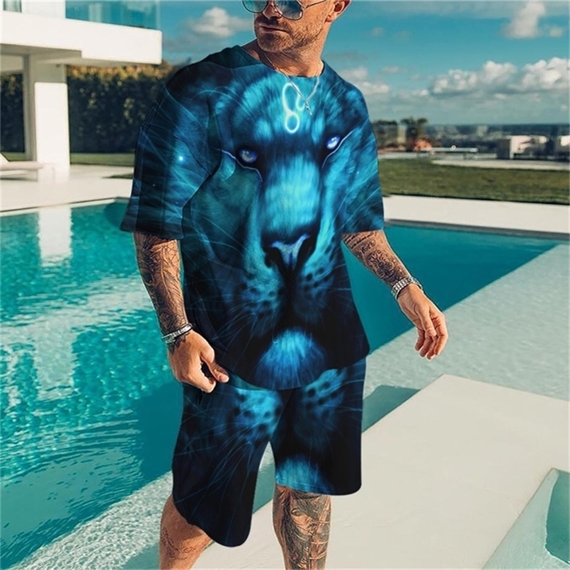 été hommes africain animal lion tigre mode costume t-shirts pour hommes vintage à manches courtes T-shirt short 2 pièces ensemble tshir 220610