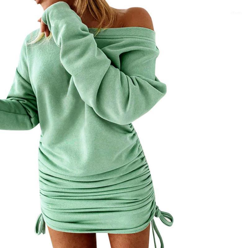 

Casual Dresses Fashion Women Ruched Drawstring Solid Bodycon Dress Ladies Long Sleeve Off Shoulder Sexy Mini Vestido Autumn Spring 2022, Black