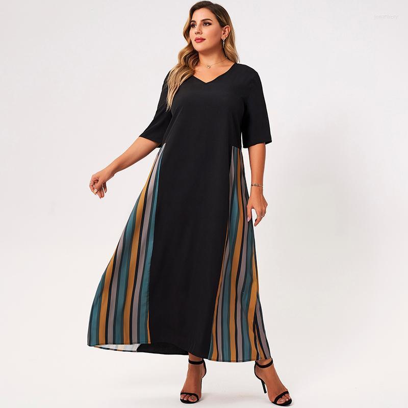 

Plus Size Dresses Summer Maxi Dress Women 2022 Black Colorful Vertical Stripe Patchwork V-neck Half Sleeve Loose Large Casual Robes Jona22