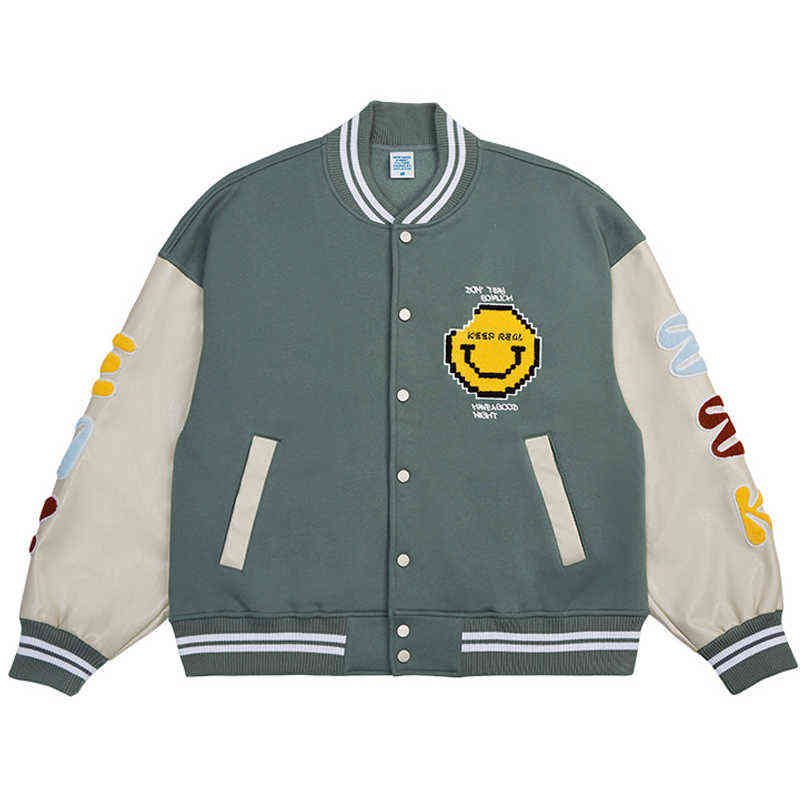 

Furry Print Patchwork Color Block Baseball Jacket Men Oversized Women Fashion Leather Sleeves Thick Fleece Jacket Outwear T220728, Grey green