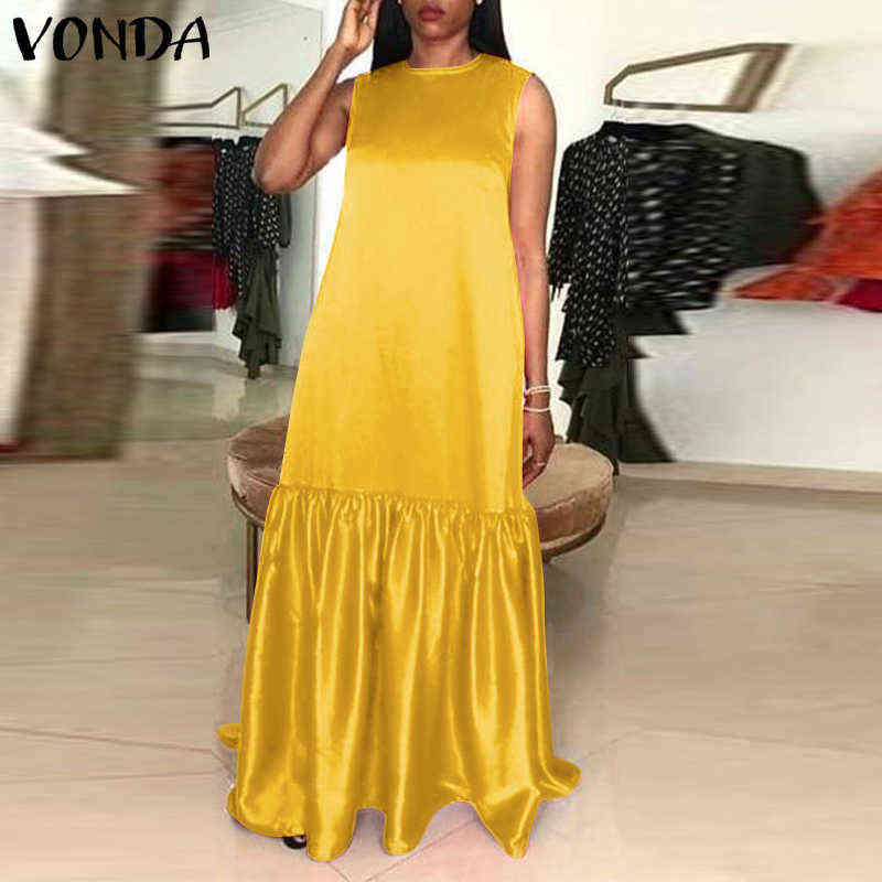 

VONDA Elegant Women Satin Dress Summer Sexy Sleeveless Pleated Party Tank Maxi Dresses Casual Vestidos Robe Femme Plus Size L220601, Yellow