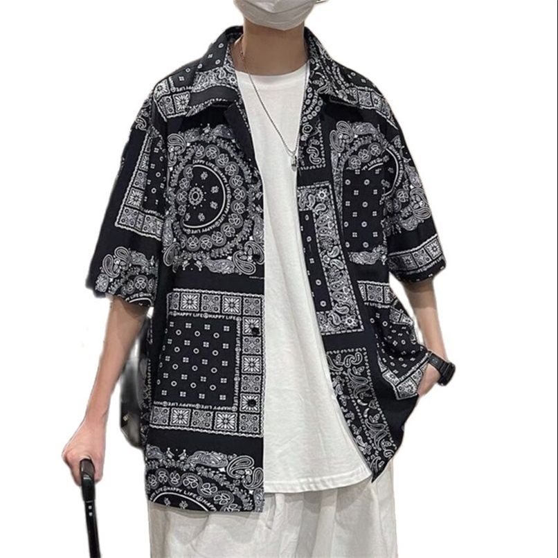 

Bandana Shirt Men Women Streetwear Paisley s Hip Hop Short Sleeve Beach Male Clothing Harajuku Summer 220614, Black shirt men