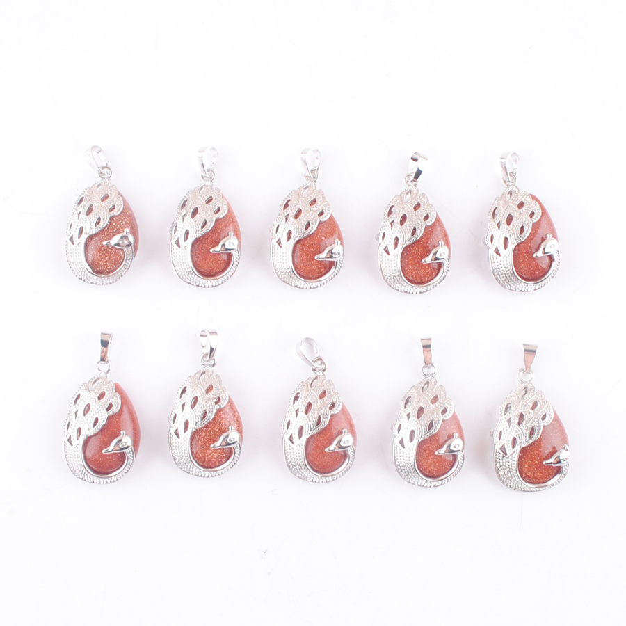 

Natural Stone Peacock Pendant Golden Sand Teardrop Cabochon Gemstone Animal Charm Europe Fashion Jewelry For Women Silver Plated DN4636