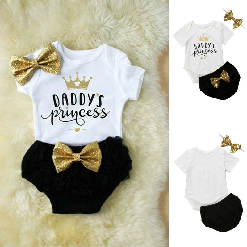 

Newborn Baby Girls Clothes Daddys Set Princess Romper Jumpsuit Tutu Pants Headband Outfits, White