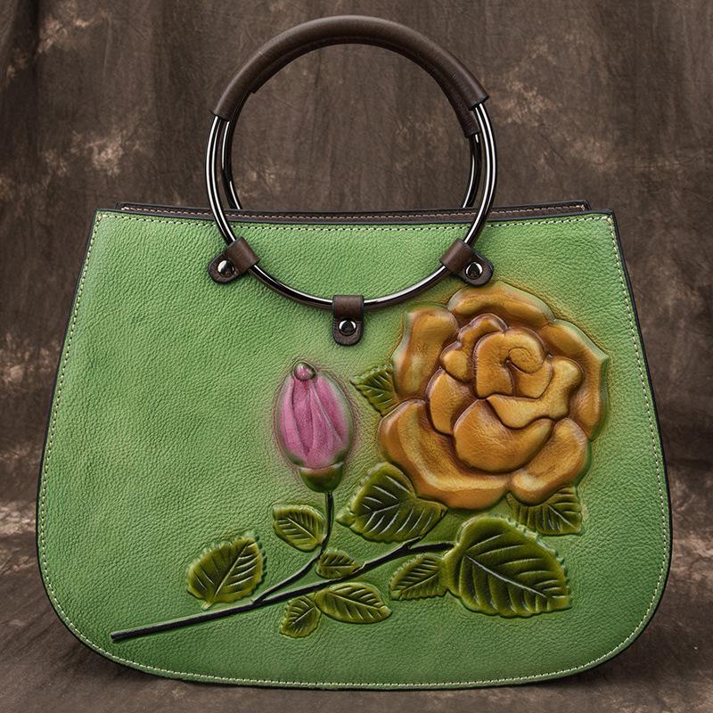 

Evening Bags Floral Genuine Leather Women Handbag 2022 Winter Handmade Embossing Nature Cowhide Shoulder Large Capacity Luxury, Green