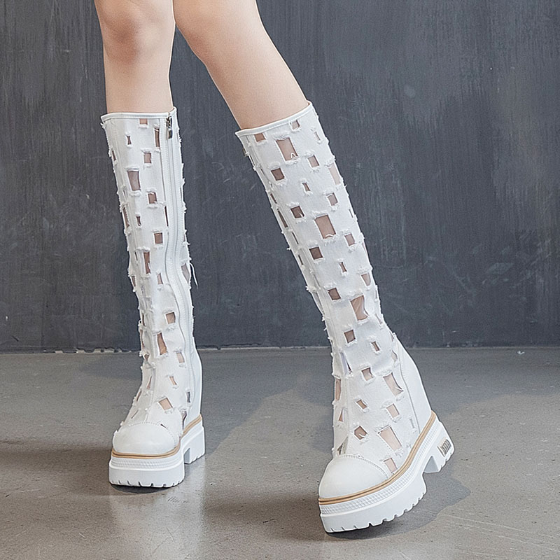 

Women Summer Boots New Hollow Hole High Boots Black White Women Fashion Shoes P20D50, B-158
