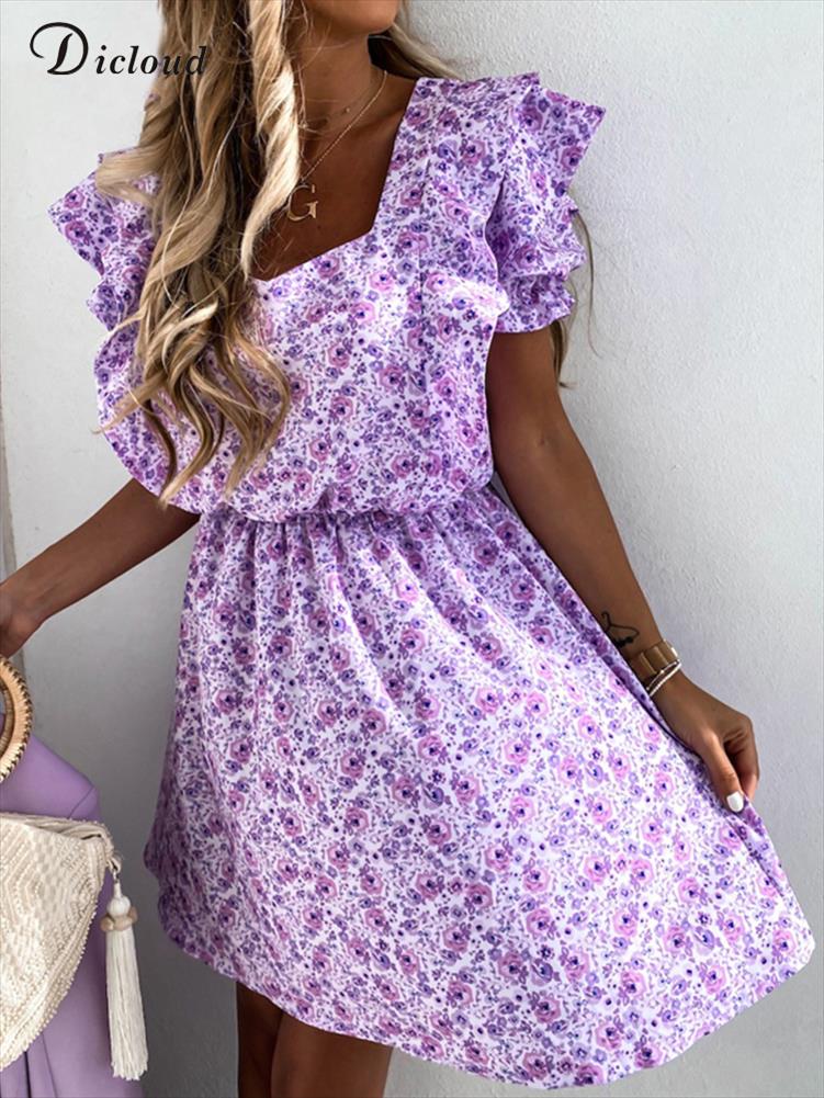 

Boho Floral Women Dress For Summer Elegant Lilac Light Beach Short Sundress Sexy V Neck Ruffle Print Party Female, Grape