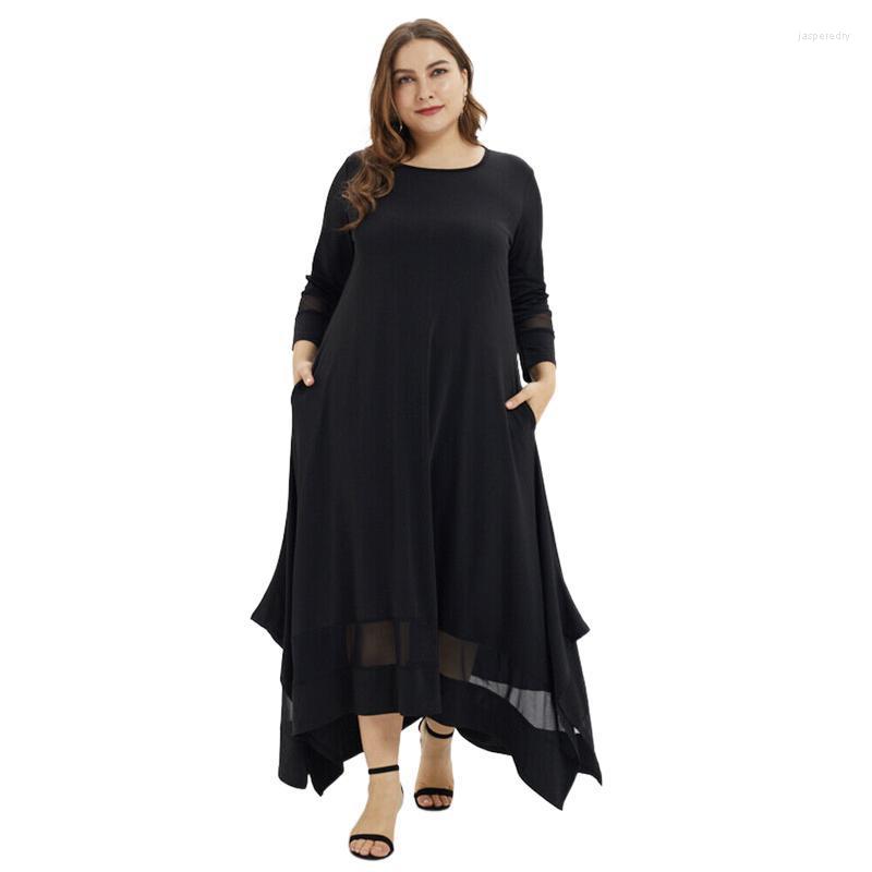 

Plus Size Dresses Women Vintage Maxi Dress Spring Solid O Neck Stitching Long Sleeve Asymmetrical Loose Casual Muslim Jasp22, Black