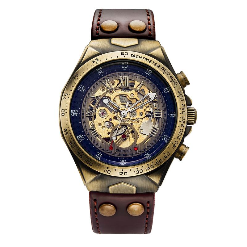 

Wristwatches Men's Watches Fashion Hollow Waterproof Automatic Mechanical Clock Mineral Tempered Glass Mirror Retro Sport Thermometer Fo, Brown