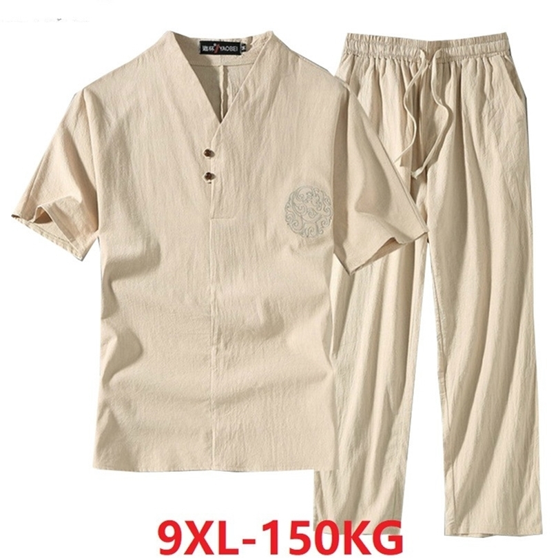 Men s Clothing Large Size Tracksuit Husband Summer Suit Linen t shirt Fashion Male Set Chinese Style 8XL 9XL plus Two Piece 220621