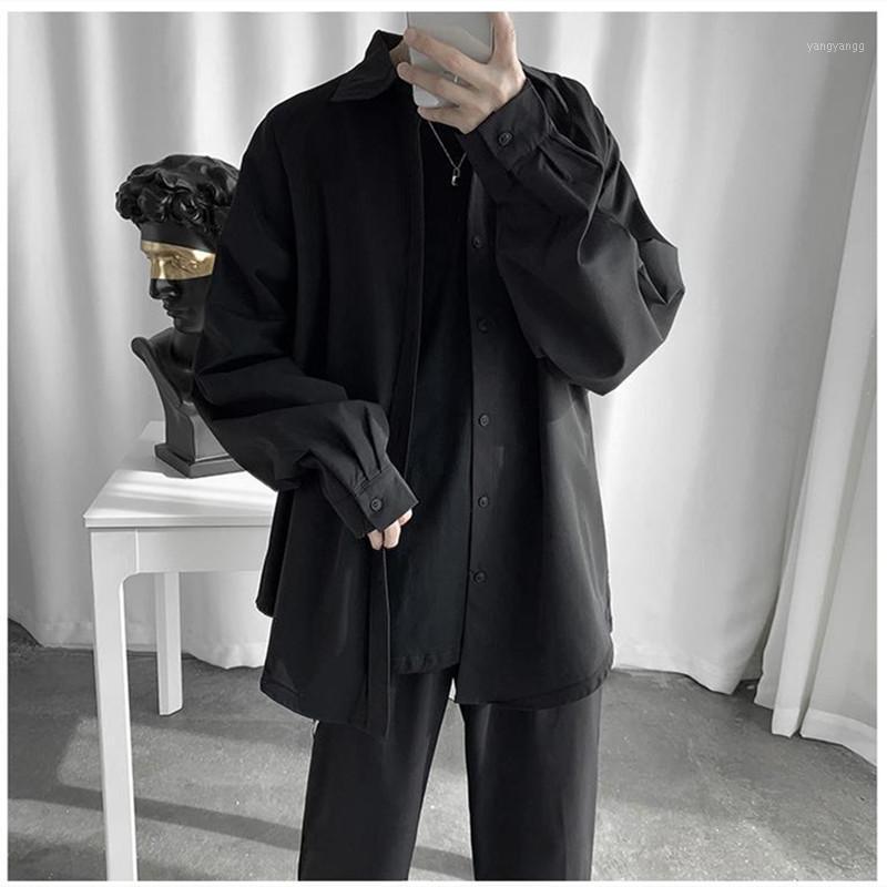 

Men's Casual Shirts Fashion Men Loose Shirt Solid Color Lapel Long Sleeve Zipper Personality Tops 2022 Streetwear, Black