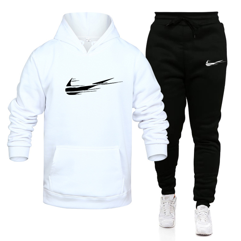 

2 Pieces Sets Tracksuit Men New Brand Autumn Winter Hooded Sweatshirt +Drawstring Pants Male Stripe Patchwork Hoodies, Orange