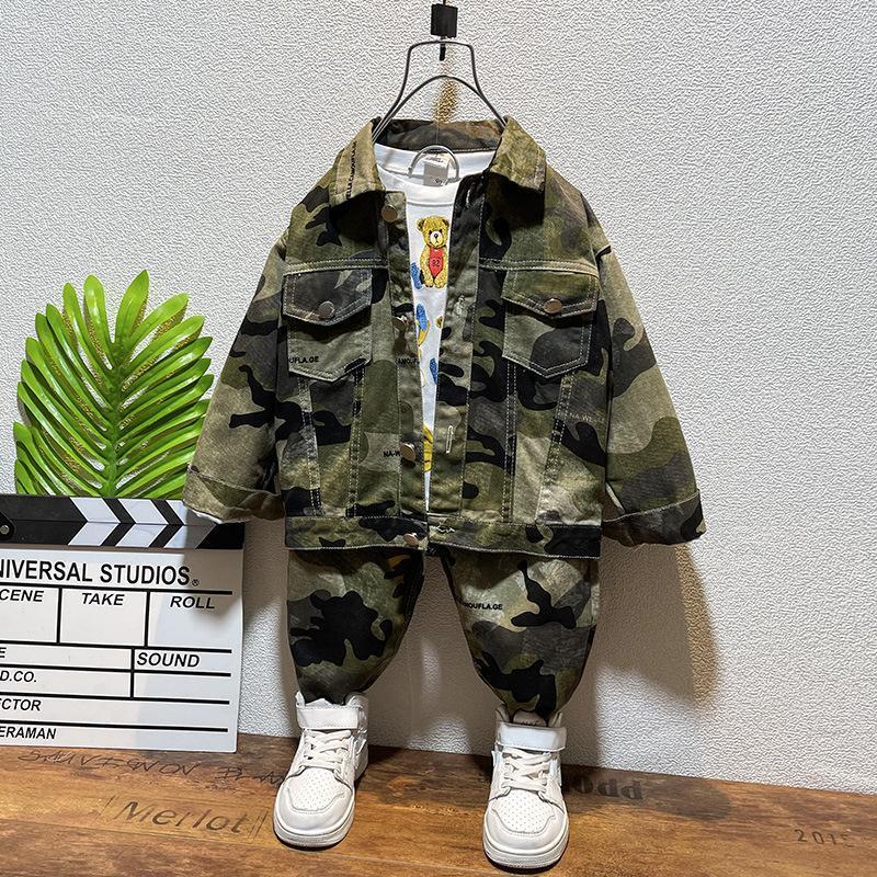

Clothing Sets Children's Wear Boys' Casual Cotton Linen Suit Spring And Autumn Fashionable Zipper Shirt Camouflage WhClothing, As shown