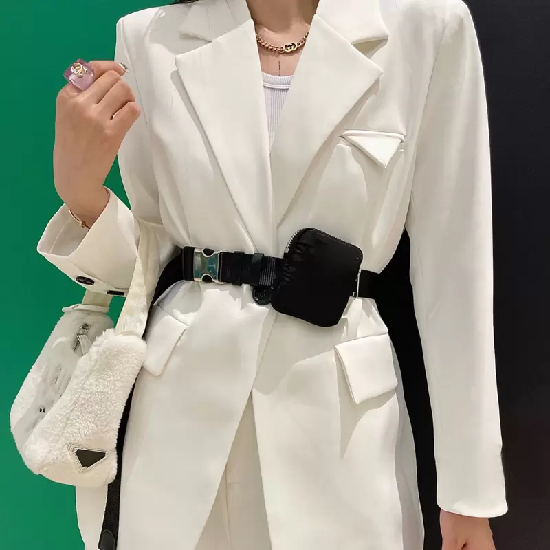 

Medigo-808 Womens Suits Blazers Business Casual Jackets with Fanny Pack Sashes Pure Color Metal Triangle Pattern Lady Coats, White