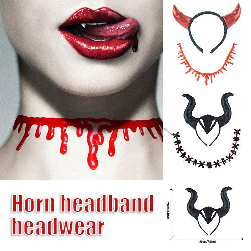

Party Decoration Halloween Devil Headband Necklace Set Red Headwear Lightweight Comfortable To Wear For Costume Hair Clasp