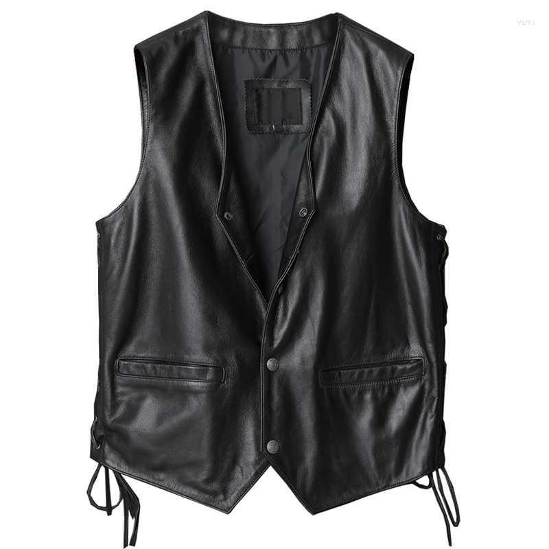 

Genuine Leather Business Men Vest Cowhide Sleeveless Dress Suit Weskit Waistcoat For Male Automotive 5XL Single-breasted Men's Vests, Black cowhide