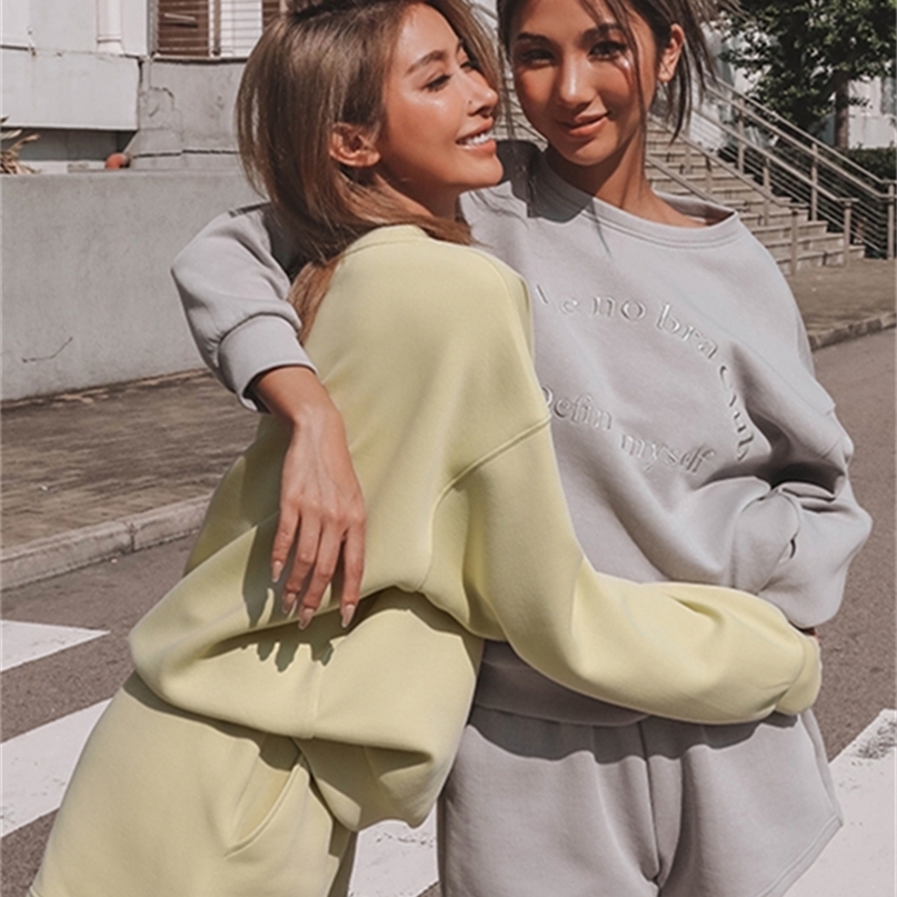 

Women Tracksuit Spring Autumn Loose Two Piece Sets Casual Long Sleeve Letter Sweatshirt & Elastic Waist Shorts Female Outfits 220813, Gray