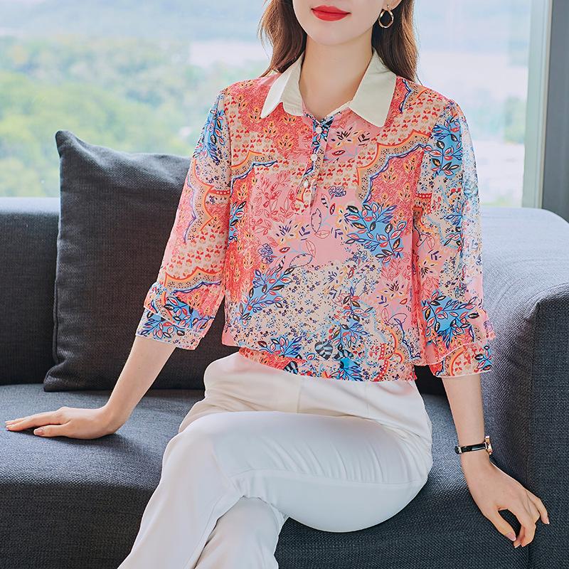 

Women' Blouses & Shirts Floral Printed Chiffon Office Lady For Women -Neck Three Quarter 2022 Spring And Summer Casual Korean Fashion Blous, Red