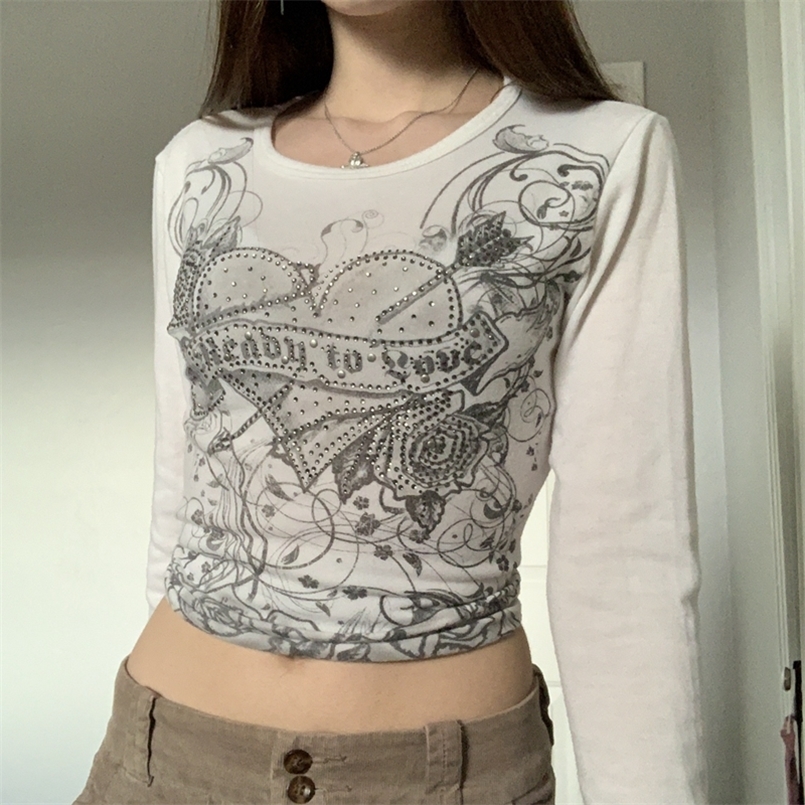 

Xingqing Fairycore Top White Cartoon Y2k Aesthetic T Shirt Long Sleeve O Neck Pullovers Wome Autumn Harajuku Tee Casual Basic 220728, As photo shows