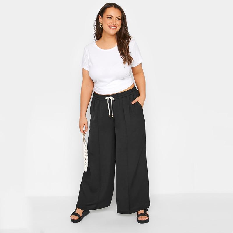

Women's Plus Size Pants Elastic Drawstring Waist Summer Loose Elegant Wide Leg Pocket Side Lightweight Casual Straight Trousers 5XL 6XLWomen, Black