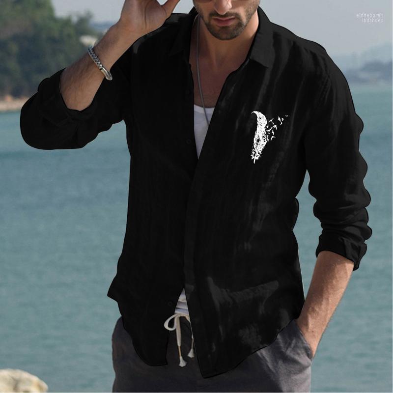 

Men' Casual Shirts Mens Fashion Simple Cotton And Linen Small Print Lapel T Shirt Long Sleeve Top For MenMen' Eldd22, Black