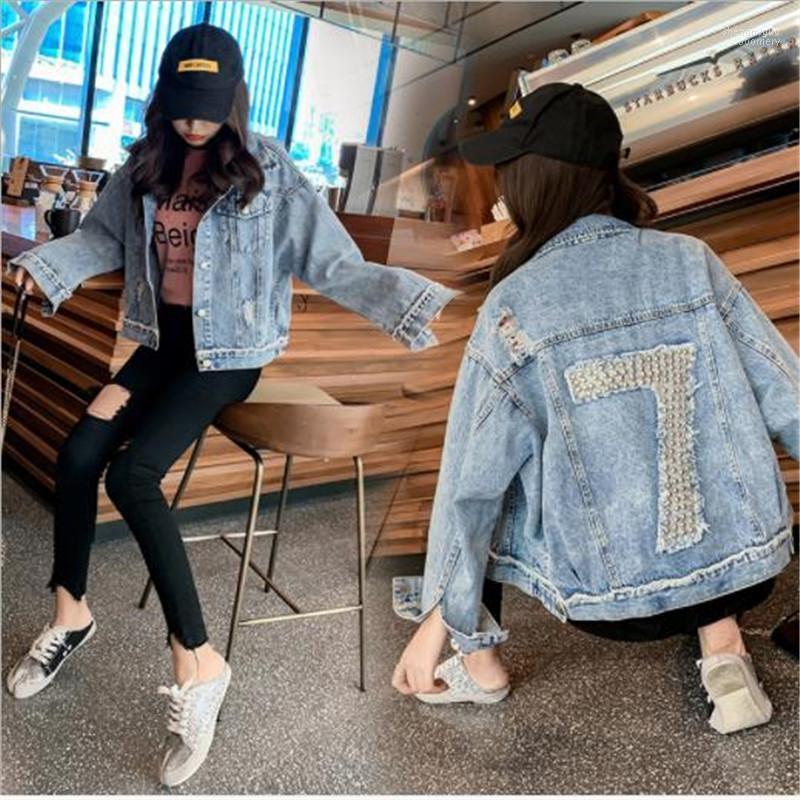 

Women' Jackets Streetwear Women Denim Jacket Spring 2022 Fashion Beading Jeans Coat Female Long Sleeve Holes Cowboy Femme Button M416, Blue