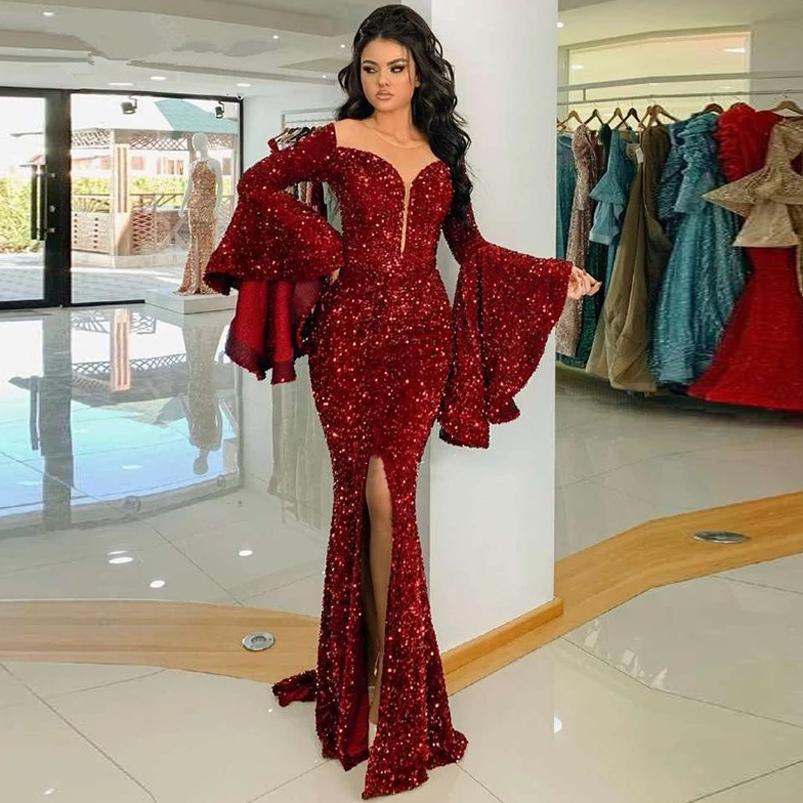 

2022 Sparkly Arabic Burgundy Wine Sequined Lace Evening Dresses Wear Ruffles Poet Long Sleeves Mermaid High Split Sequins Formal Bridesmaid Prom Dress Party Gowns, Champagne