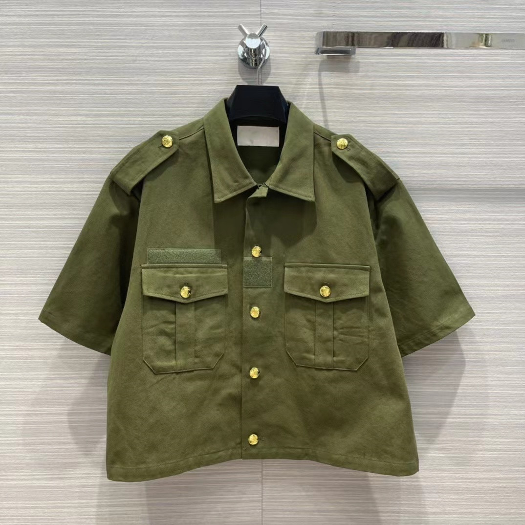 

Milan Runway Jackets 2022 Autumn Lapel Neck Short Sleeve Panelled Women' Coats Designer Brand Same Style Shirts 0726-18, Army green