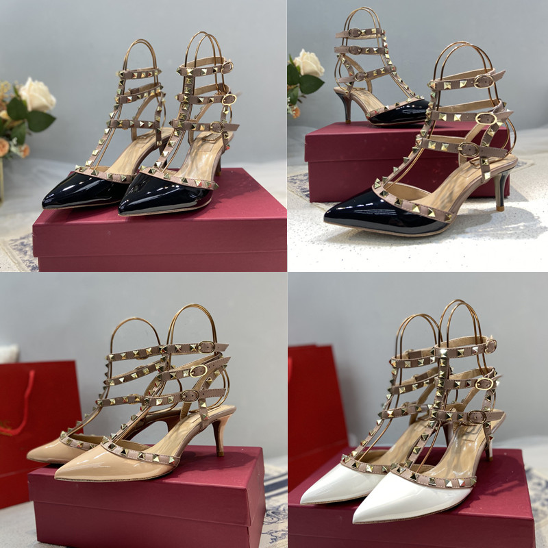 

Woman Patent Leather Summer Sandals Pointed Toe Strap High Heels Sexy Rivets Sandal Nude Black White Wedding Party Heels Size 35-42 with Box, Black 1