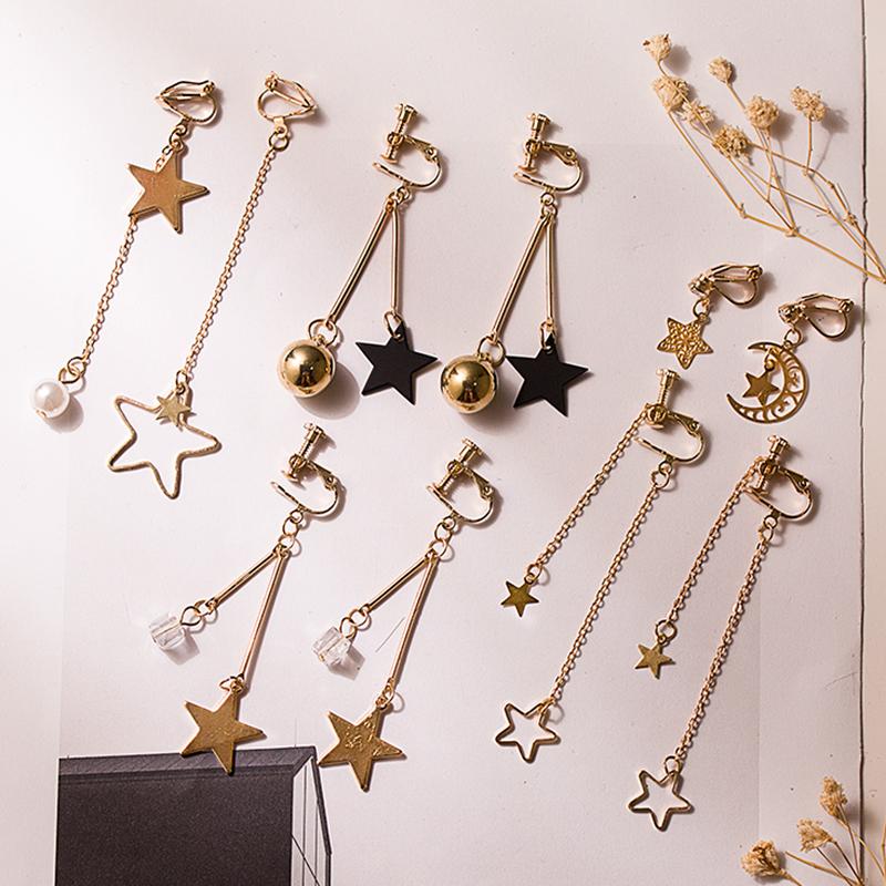 

Clip-on & Screw Back Pairs/lots Clip On Earrings For Women Party Fashion Long Star Moon Flower Shell Stone Rhinestone Enamel No Hole Earring