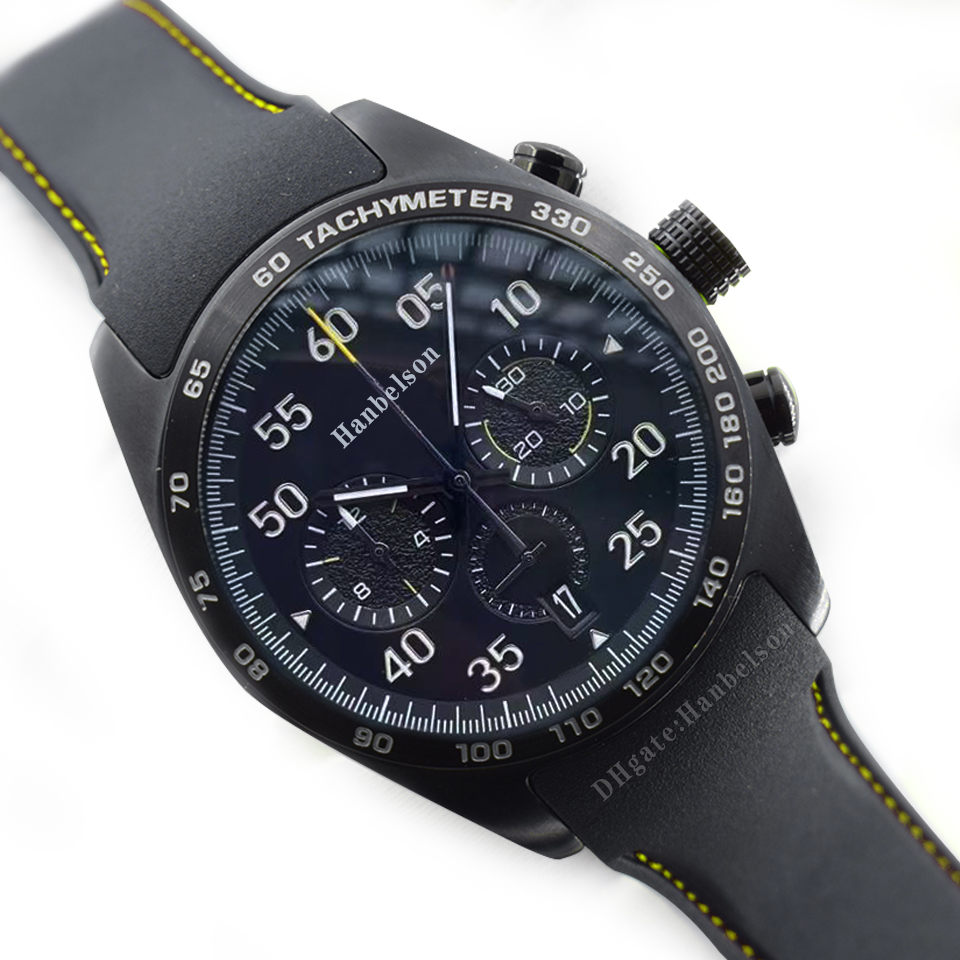 

Mens watches sports racing style VK Quartz movement Uhr Black face Chronograph leather bracelet 44mm Wristwatches Hanbelson, Steel strap bluedial