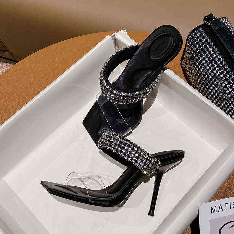 Designer Women's High Heel Sandals 2022 Fashion King Aw Decoration Transparent Shoeselac High Heels Sandal's Thin Square Head Semi Slipper