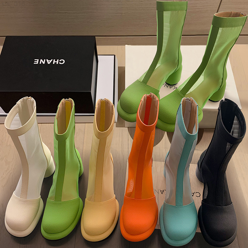 

2022 summer new mesh boots women's thin mesh thick heel cool boots Korean version hollow short boots breathable mesh bootT220718, Yellow