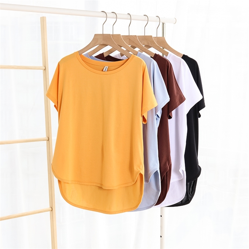 

100% cotton Loose Casual Summer Short Sleeve Female T shirt Women asymmetric O-neck Tee Tops M30326 220321, Color 9