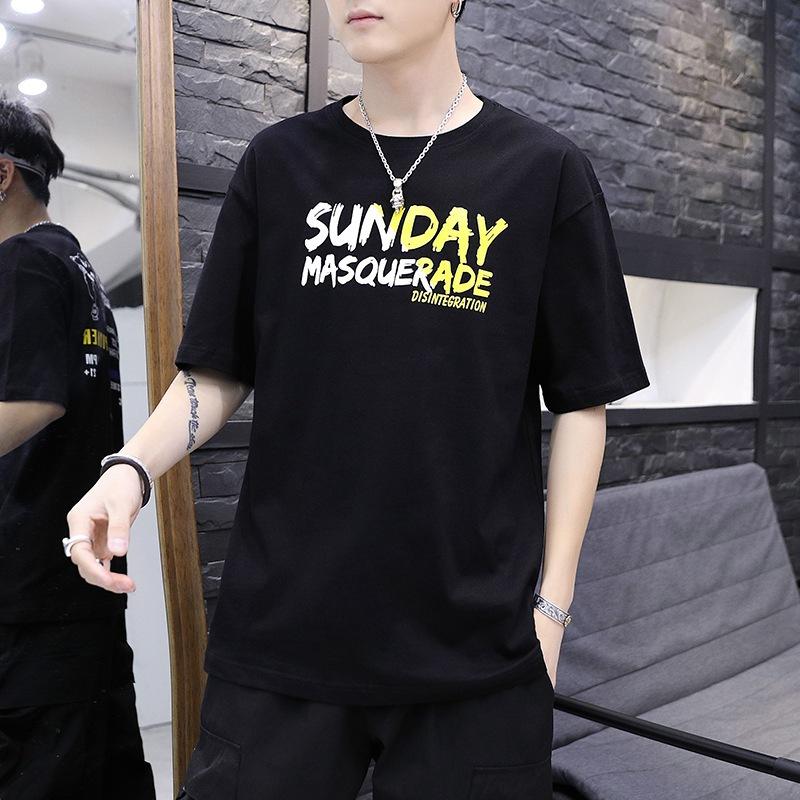 

Men's T-Shirts Summer Fashion Loose Casual Short Sleeve English Alphabet Korean Style Printing Design Small Fresh T-shirt Round Neck Tops, Black