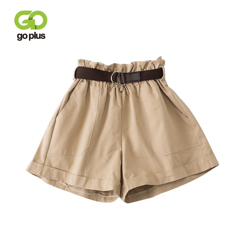 

GOPLUS Summer Short Vintage Casual High Waist Ruffles Belt Solid Loose Leg Shorts White Women Pantalones Cortos Mujer Y200403