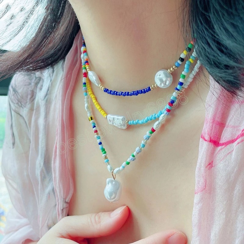 

3pcs Bohemia Colorful Seed Beads Imitation Pearl Pendant Necklaces Women Fashion Summer Beach Jewelry