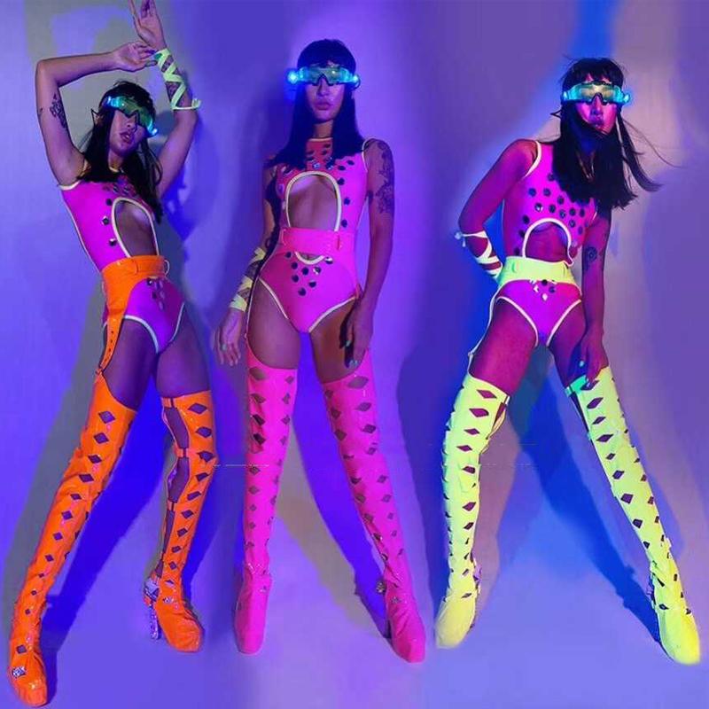 

Stage Wear Sexy Bar Nightclub Party GOGO Costume Fluorescent Color Bodysuit Sets Legs Cover Women Singer Team Pole Rave Outfit XS2780Stage