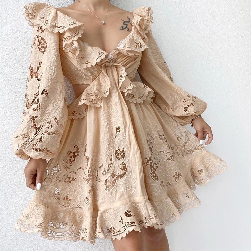 

Casual Dresses 2022FW Autumn High Quality Women Embroidery Hollow Long Sleeve Luxury Fashion Dress 2 Color Gdnz 6.15, Beige