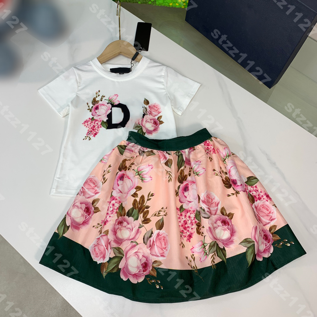 

designer baby girls dress shirt set summer cotton short sleeves HD print dresses two piece suit high quality child tees tops logo D..G brand kids clothes album