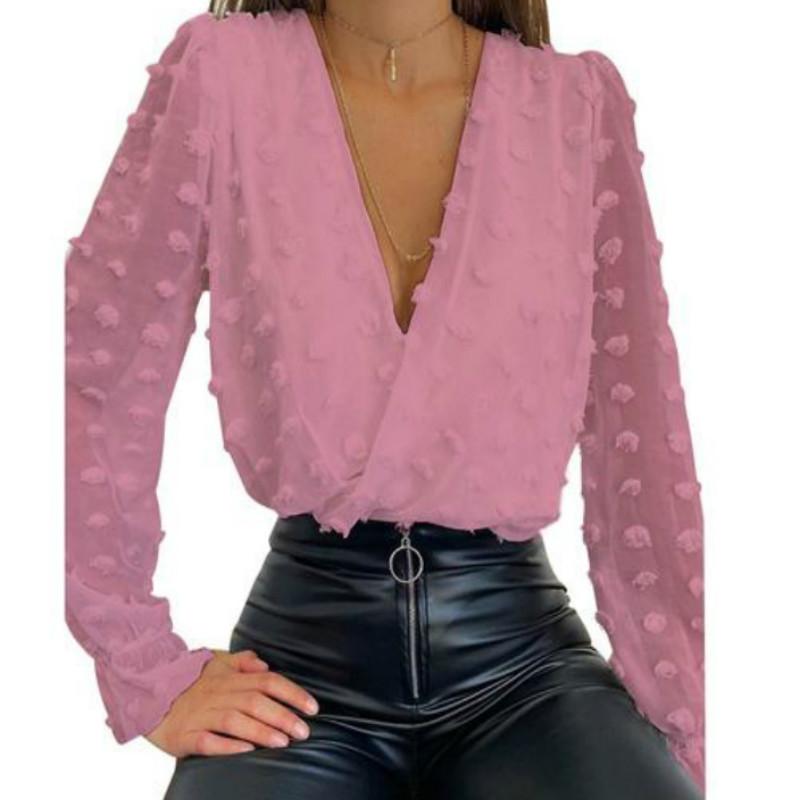 

Women's Blouses & Shirts Women Deep V-Neck Top Black Jacquard Fashion Blouse Long Sleeve Mesh Chic Sexy Spring Autumn Chiffon Heart Printed, White