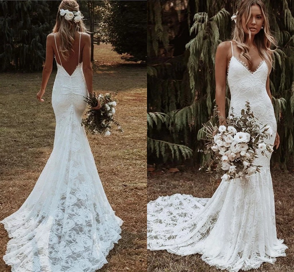

Summer V Neck Lace Sexy Mermaid Wedding Dresses for Women 2022 Elegant Backless Straps Sleeveless Boho Bridal Gowns Simpe Vestido De Noiva SZLCNM01, Ivory