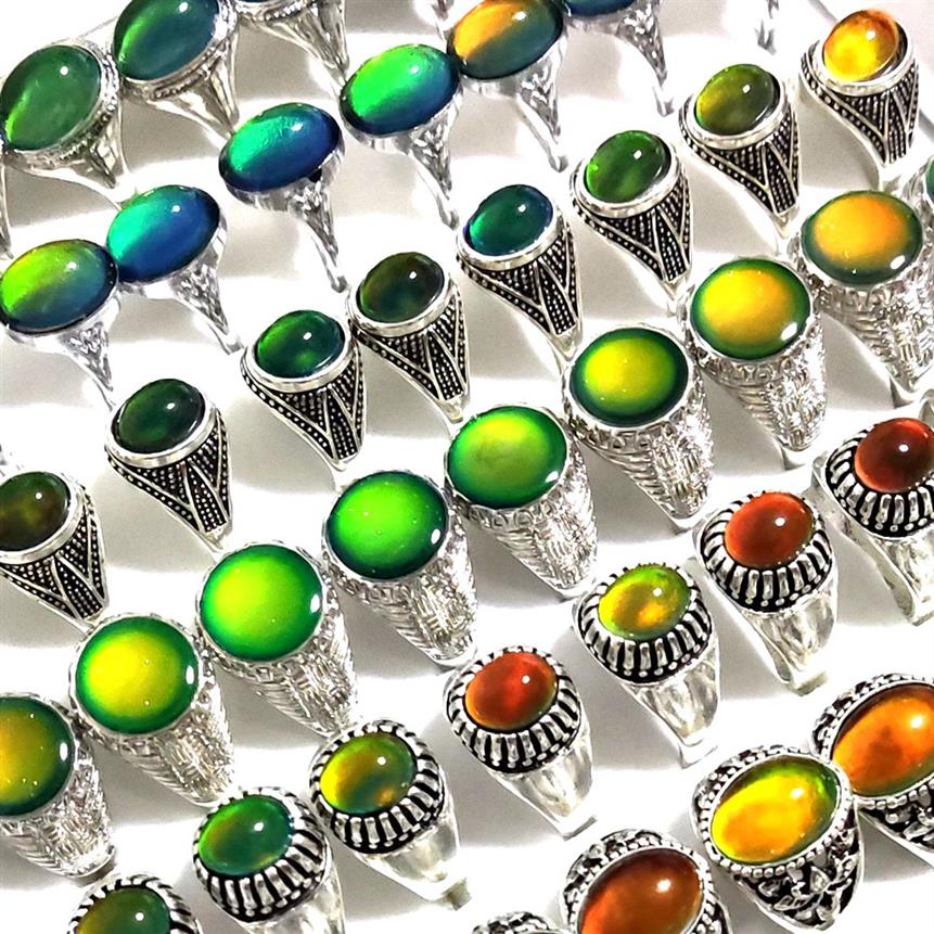 

30pcs lot Men Women Change Color Mood Ring Emotional Temperature Sensitive Glazed Male Female Fashon Ring Silver Tone Alloy Retro 271D