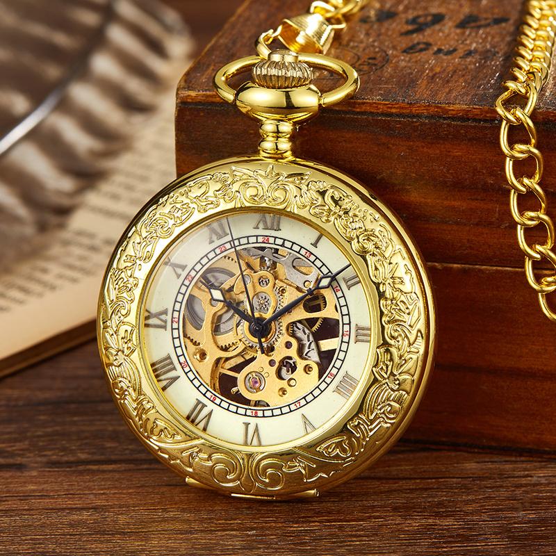 

Pocket Watches Vintage Gold Bronze Mechanical Watch Hand Winding Skeleton Roman Numerals Dial Fob Chain Clock For Men Drop