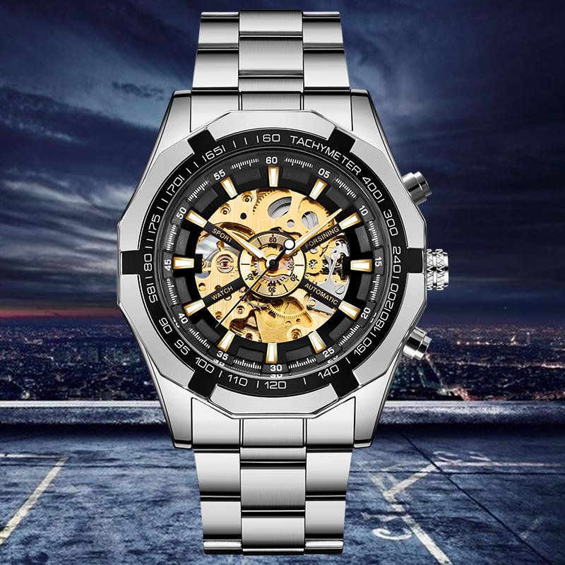 

Wristwatches Forsining Brand Silver Gold Luxury Stainless Steel Waterproof Mens Skeleton Watches Transparent Mechanical Male Wrist WatchWris