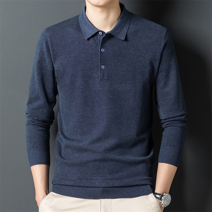 

Autumn Men's Solid Color Lapel Wool Sweater Classic Style Business Long Sleeve Thin Knit Sweater Male Brand Clothes 220811, Midnight blue