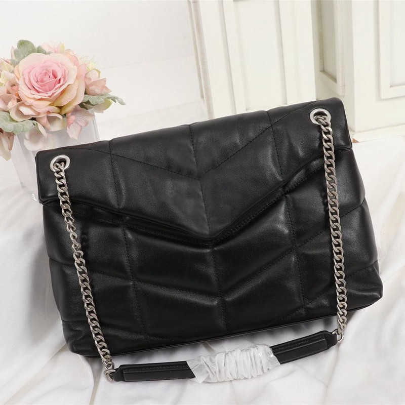 

7A TOP Luxury designer handbags LOULOU PUFFER BAG shoulder bag Quilted Lambskin Handbag High Quality Women's Bags Medium large size 7211, Black (silver chain)