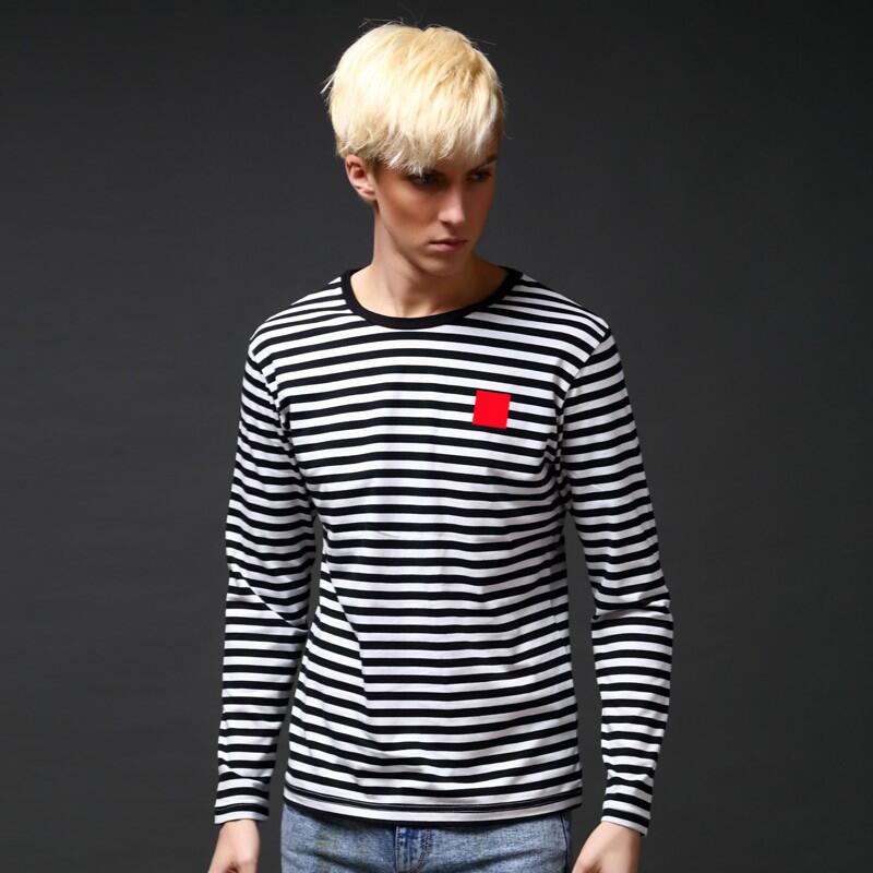 

Men Striped T-Shirt Letter Embroidered Heart Cotton O-Neck Two Tone Striped Long Sleeve Spring Autumn Slim Fit T-Shirt, Black