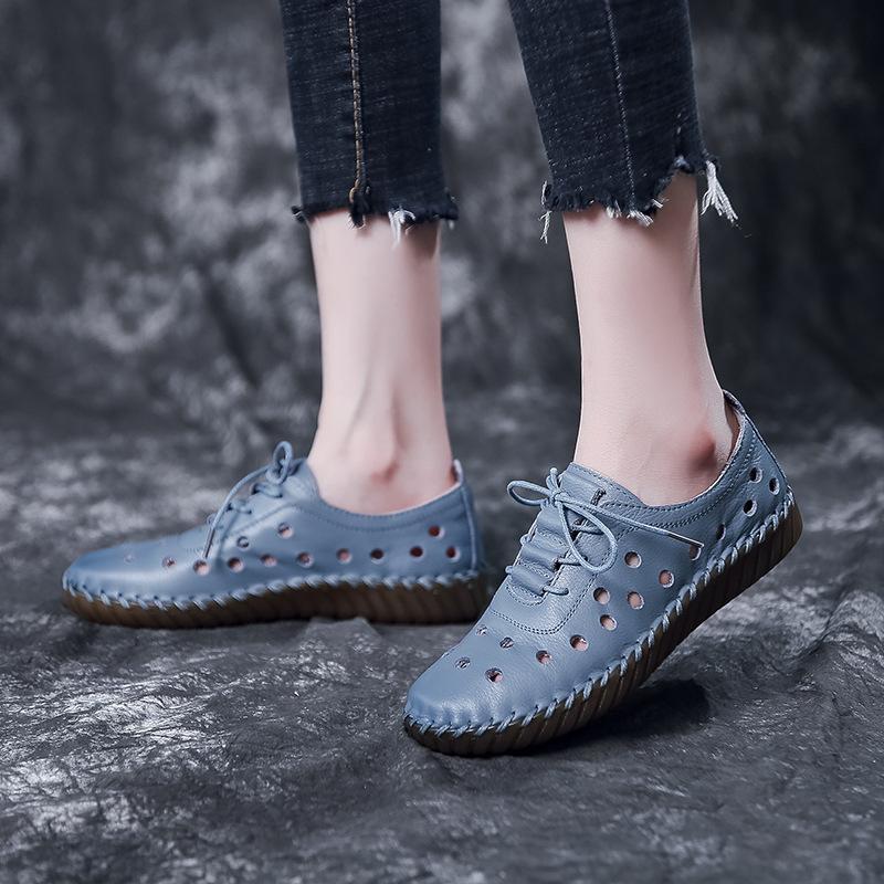 

Sandals Est Designer Woman Flats Breathable Sew Oxford Sneakers Women Casual Lace Up Split Leather Hollow Moccasins Loafer ShoesSandals, Wathet